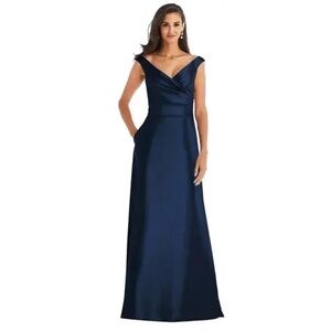 Alfred Sung Off the Shoulder V-Neck Midnight Blue Satin Formal Prom Gown Size 4